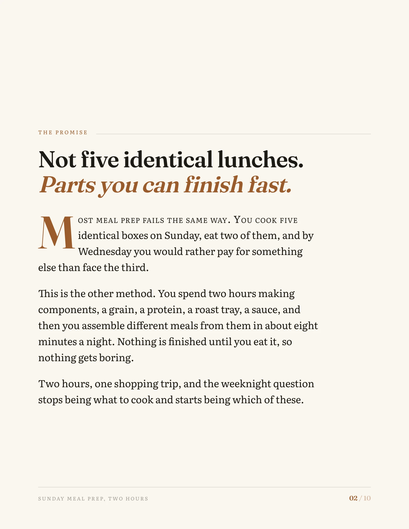 Sunday Meal Prep, Two Hours: Not five identical lunches. Parts you can finish fast.
