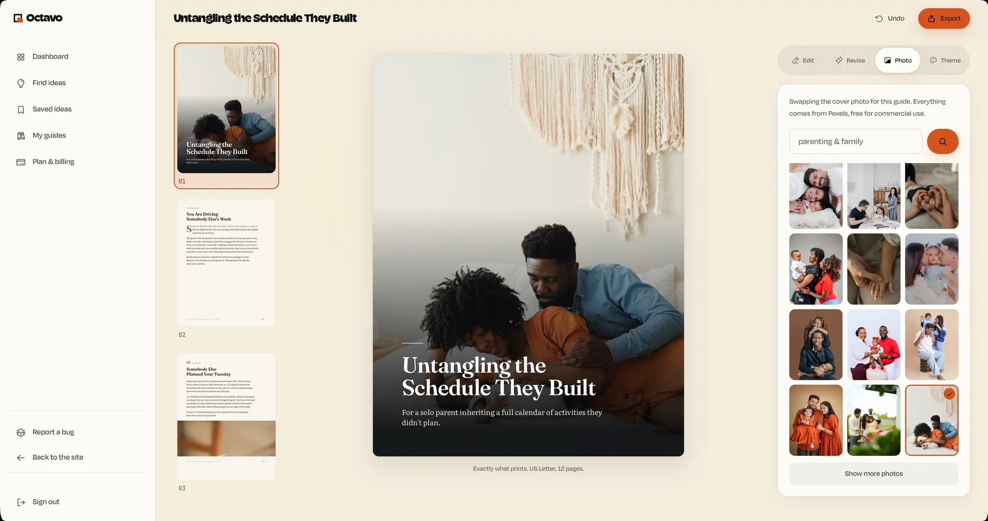 The Octavo studio: the cover of Untangling the Schedule They Built swapped to a photo of a father with his son, picked from a parenting and family search in the photo library beside it